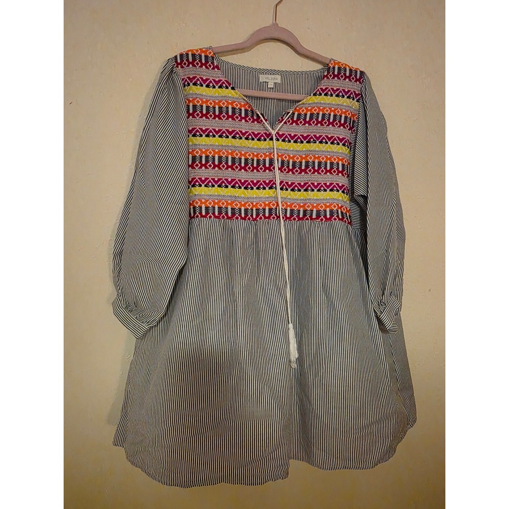 Velzera Striped Embroidered Tunic Top Womens‎ 2X Black White Boho Tassel Tie